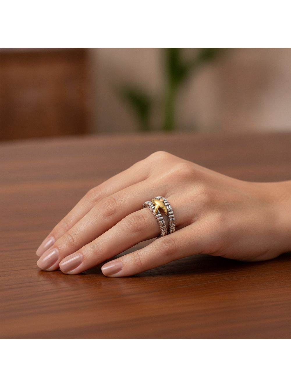 Philip Andre Classic Sterling Silver and 18K Yellow Gold X Ring